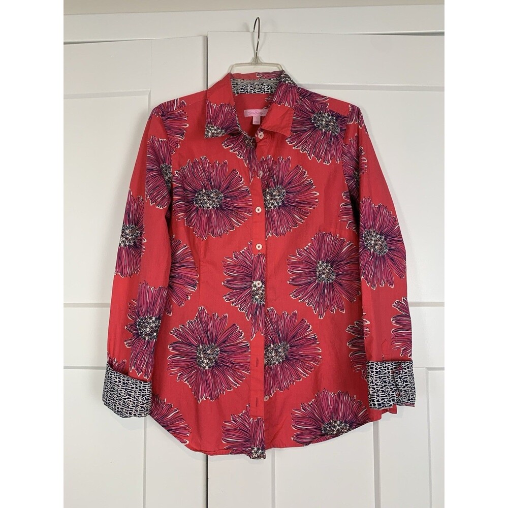 Lilly Pulitzer Top Pink Floral Button Down Long‎ Sleeve Accent Cuffs Shirt Sz 10